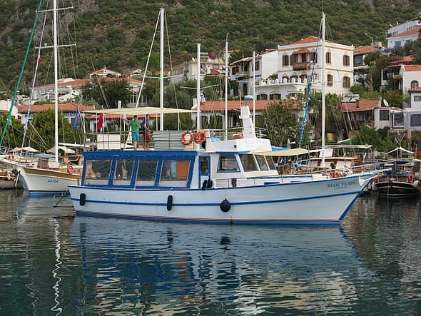 The Blue Team dive boat moored in Kaş Harbour